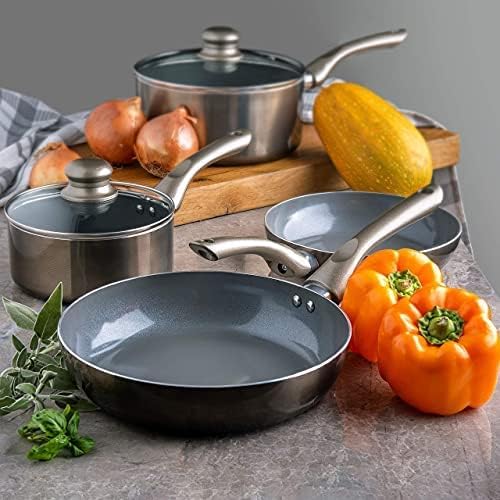 6 Pcs Dark Grey Nonstick Cookware Set, Pots and Pans Set Non Stick with Glass Lid, Induction Cookware, Stay-Cool Handle PTFE/PFOA Kitchen Cookware 6-Piece with Frying Pans Set & Saucepan