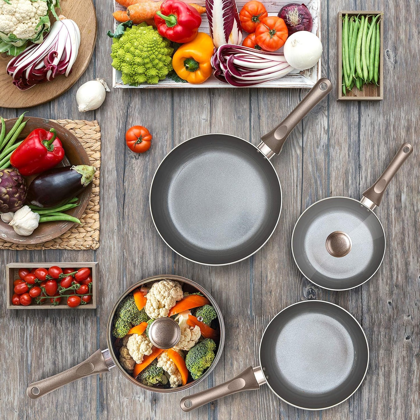 6 Pcs Dark Grey Nonstick Cookware Set, Pots and Pans Set Non Stick with Glass Lid, Induction Cookware, Stay-Cool Handle PTFE/PFOA Kitchen Cookware 6-Piece with Frying Pans Set & Saucepan
