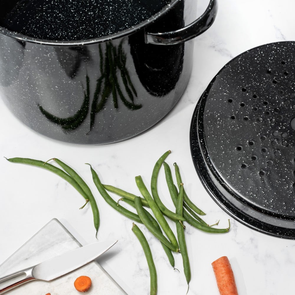 Enamel on Steel Multiuse Pot, Seafood / Tamale / Stock Pot Includes Steamer Insert, 15.5-Quart, Black