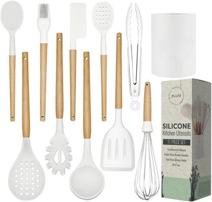 White Silicone Cooking Utensils Set – 11 Pcs Nonstick Kitchen Tools with Holder | Heat-Resistant, Bpa-Free, Wooden Handle Silicone Utensil Set for Cooking & Baking | Safe for Nonstick Cookware