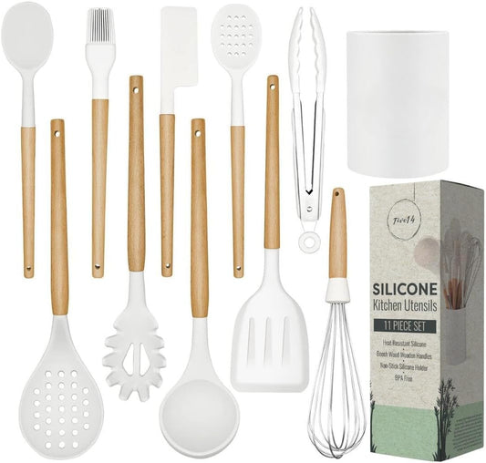 White Silicone Cooking Utensils Set – 11 Pcs Nonstick Kitchen Tools with Holder | Heat-Resistant, Bpa-Free, Wooden Handle Silicone Utensil Set for Cooking & Baking | Safe for Nonstick Cookware