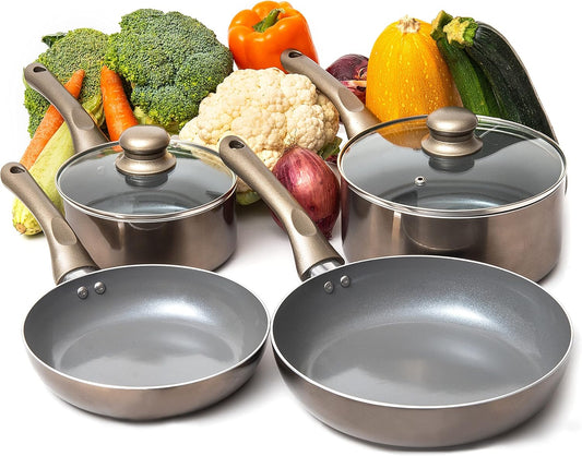 6 Pcs Dark Grey Nonstick Cookware Set, Pots and Pans Set Non Stick with Glass Lid, Induction Cookware, Stay-Cool Handle PTFE/PFOA Kitchen Cookware 6-Piece with Frying Pans Set & Saucepan