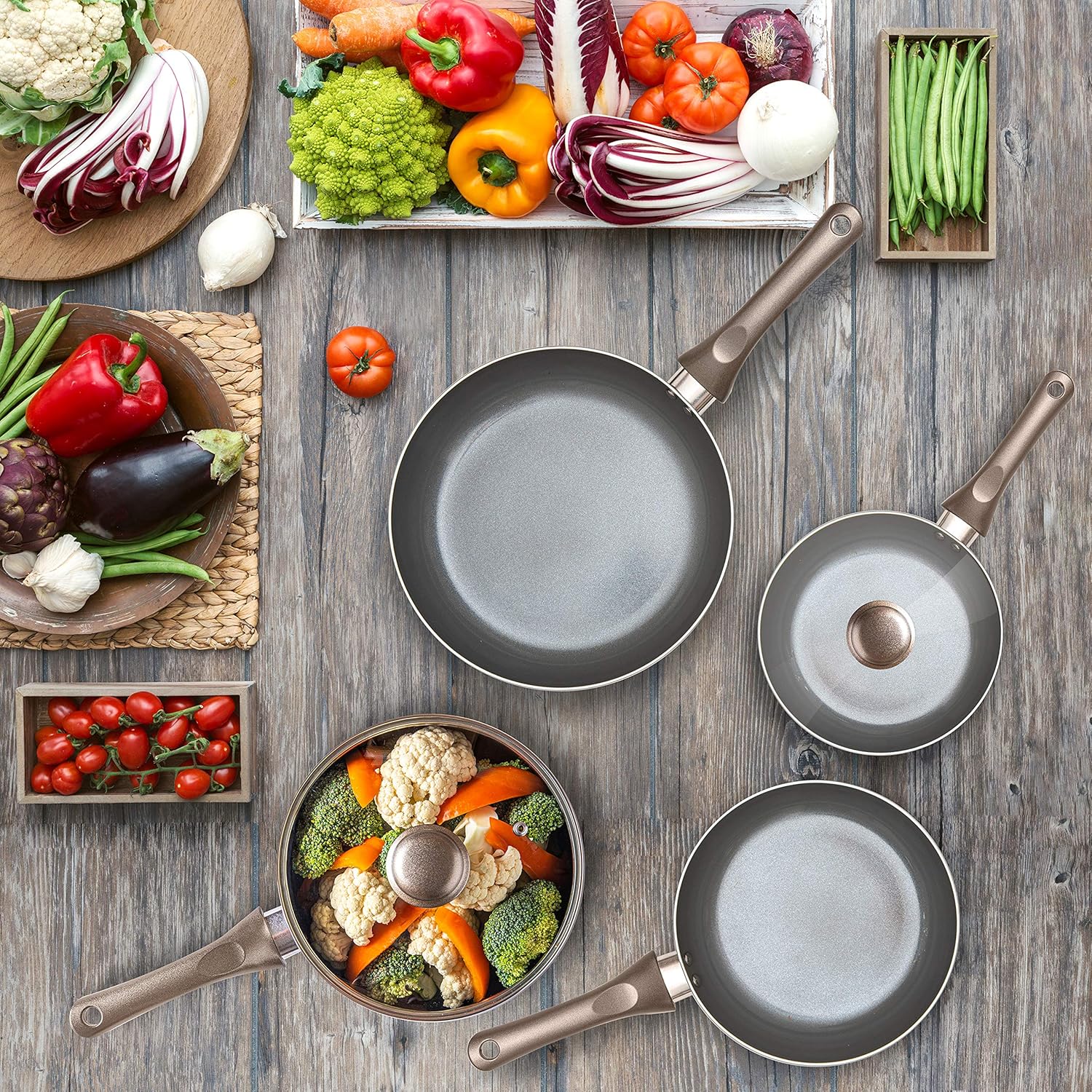 6 Pcs Dark Grey Nonstick Cookware Set, Pots and Pans Set Non Stick with Glass Lid, Induction Cookware, Stay-Cool Handle PTFE/PFOA Kitchen Cookware 6-Piece with Frying Pans Set & Saucepan