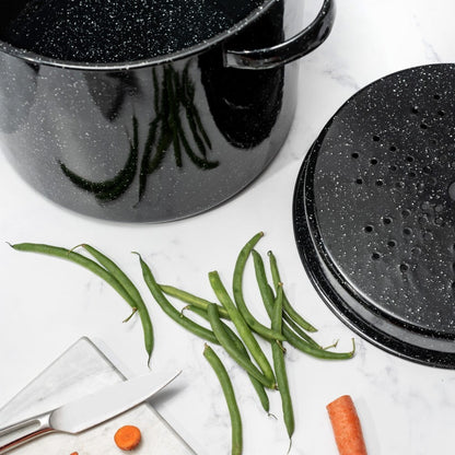 Enamel on Steel Multiuse Pot, Seafood / Tamale / Stock Pot Includes Steamer Insert, 15.5-Quart, Black